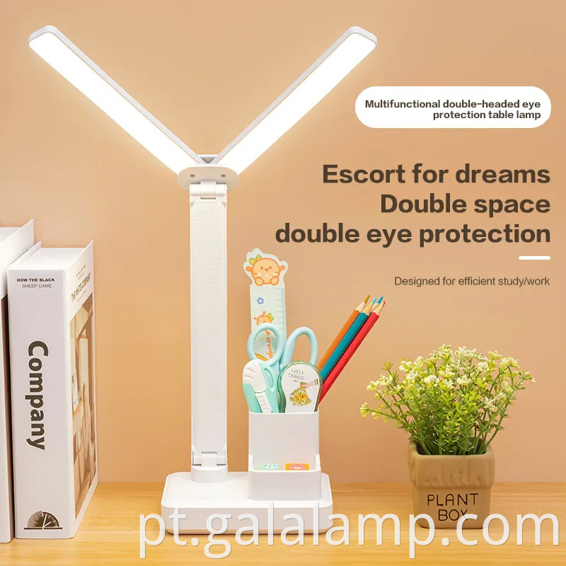 Lâmpada de mesa de cabeça dupla recarregável com proteção ocular